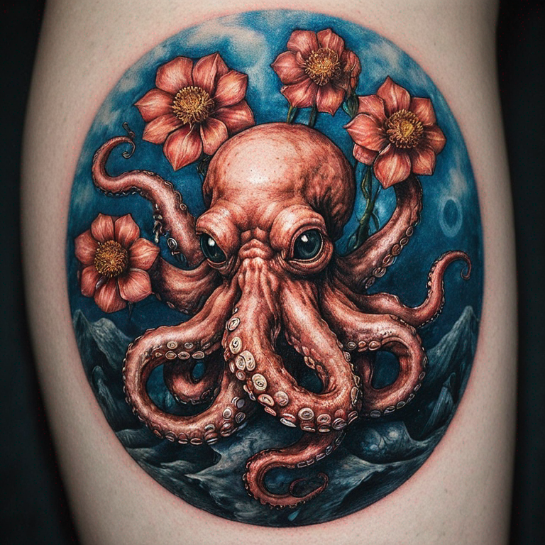 octopus-holding-flowers-tattoo