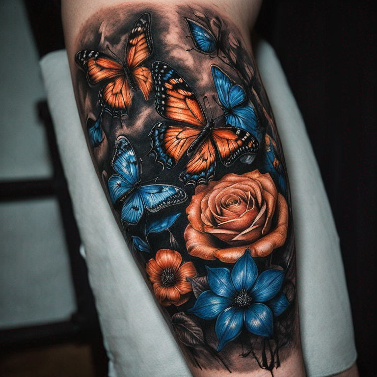 orange-and-blue-butterflies-black-and-white-roses-incorperated-into-a-half-sleeve-for-a-male-tattoo