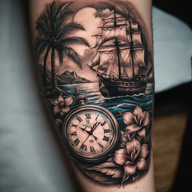 reloj-de-bolsillo,-brújula,barco,avion,palmeras-y-mapa-tattoo