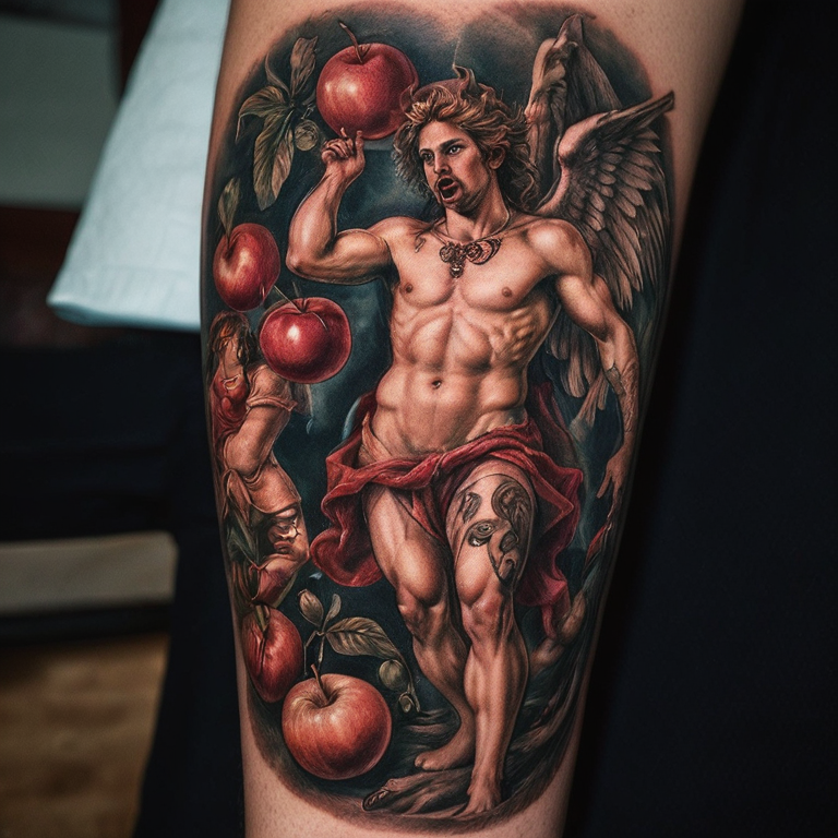 un-ángel-en-llamas-con-frutas-y-peleando-con-diablos-tattoo