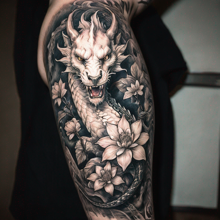 on-arm-white-dragon-with-flowers-tattoo