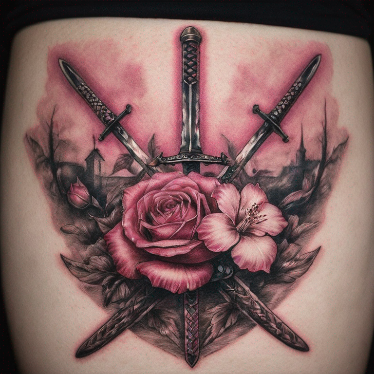 tatouage-avant-bras,-katana-et-fleur-de-laurier-rose-autour-tattoo