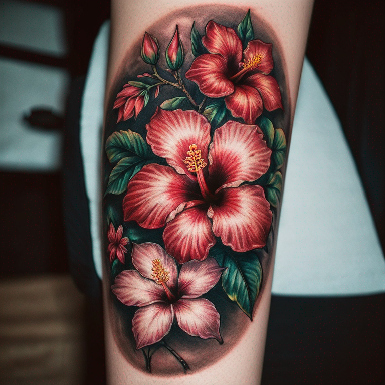 tatouage-avant-bras-avec-fleur-de-cerisier,-hibiscus,-fleur-d'acacia-fleur-d'azalée,-cyclamens,-poinsettia-et-stock-tattoo