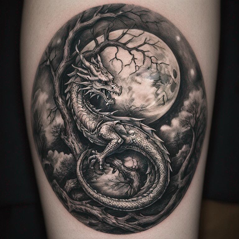 tatouage-d'un-dragon-entourée-d'une-lune-et-d'un-arbre-tattoo
