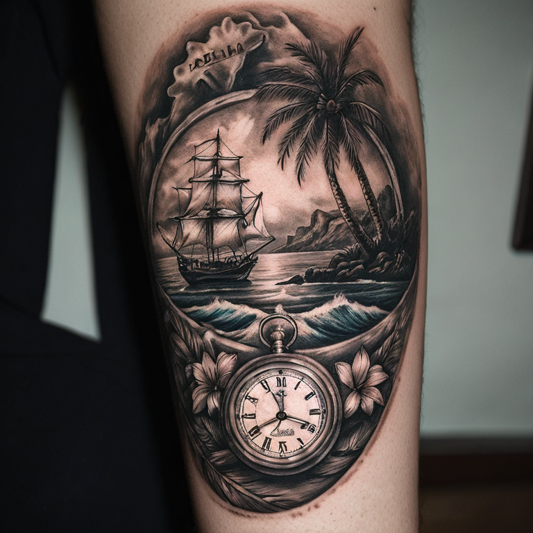 reloj-de-bolsillo,-brújula,barco,avion,palmeras-y-mapa-tattoo