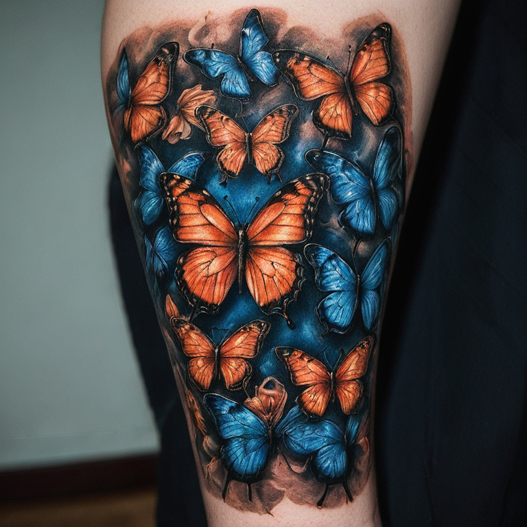 orange-and-blue-butterflies-incorperated-into-a-half-sleeve-for-a-male-tattoo