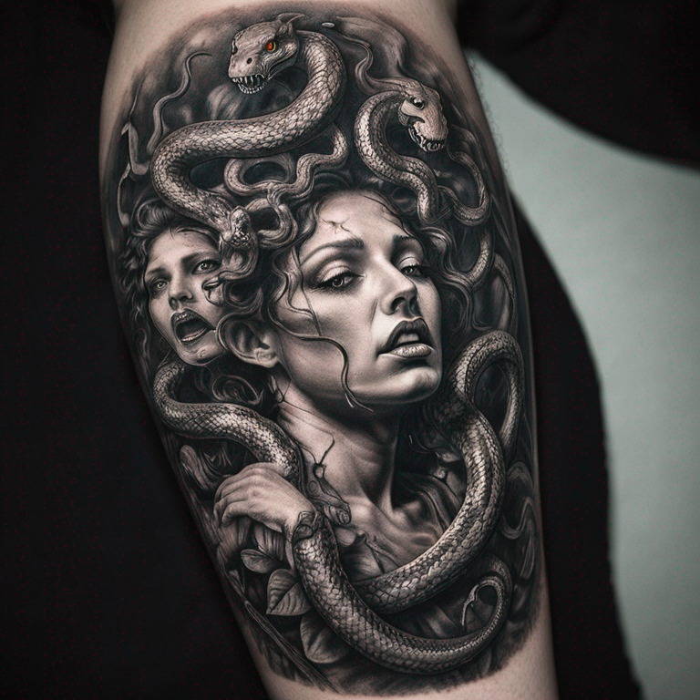medusa-with-snakes-trying-to-catch-a-butterlfy-in-black-and-grey-tattoo