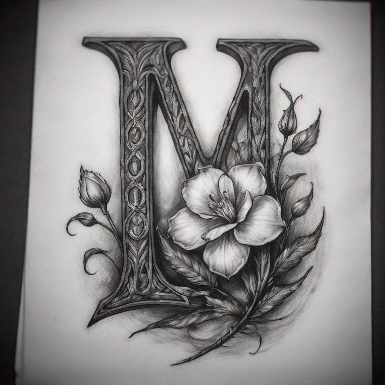 une-fleur-de-lyse-mélangée-avec-la-lettre-e-et-la-lettre-m-tattoo