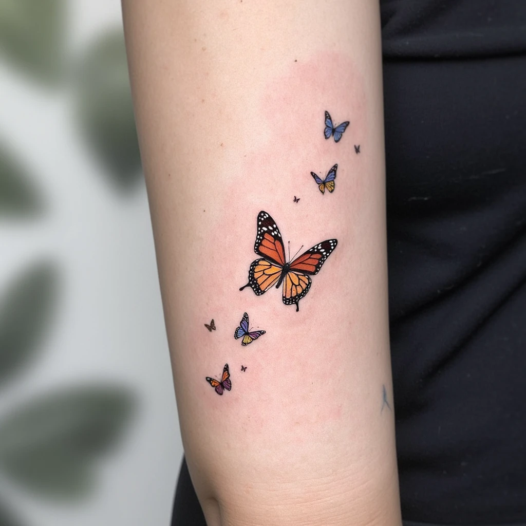 mélange de lierre, coquelicot, pissenlit, une lettre l liée a un demi papillon-tattoo