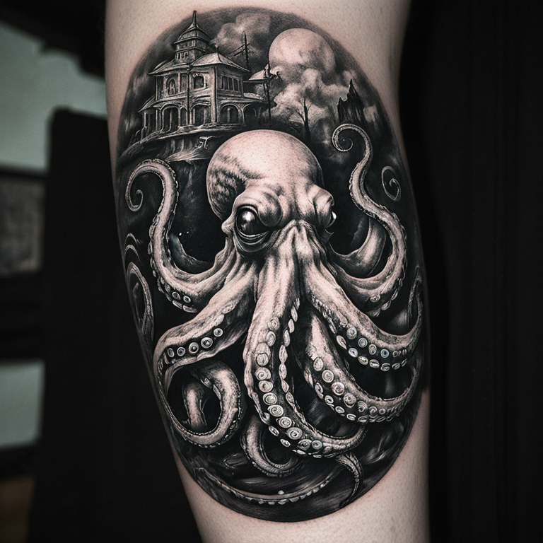 black-and-white-tattoo-of-a-trippy-octopus-tattoo