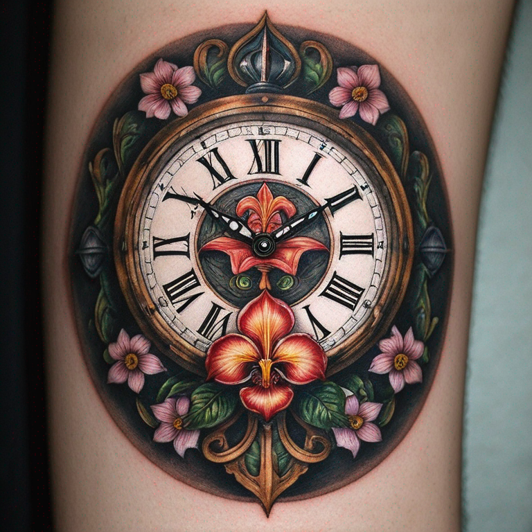fleurs-de-lys,-horloges-qui-s'évapore,-boussole-nordique-et-cercle-avec-des-écritures-tattoo