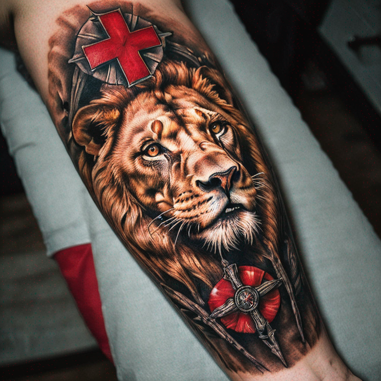 lion-forearm-with-red-cross-tattoo