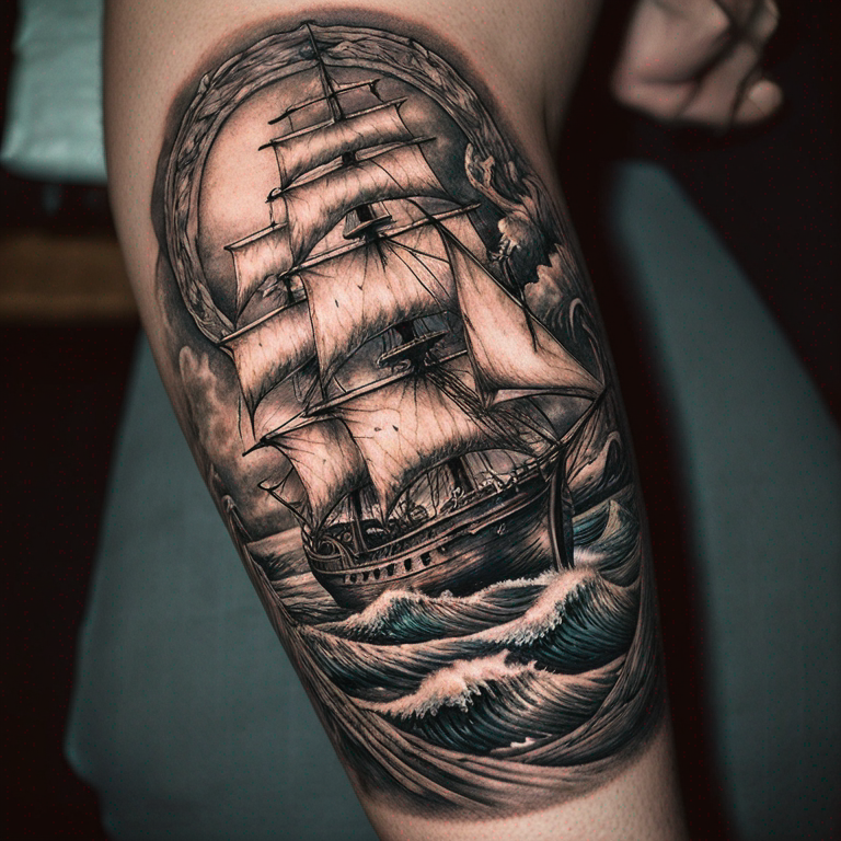 tatuaje-de-barco-en-altamar-y-al-mismo-tiempo-que-se-aprecie-el-fondo-marino-con-mucha-diversidad-de-especies-y-una-cirena-tattoo