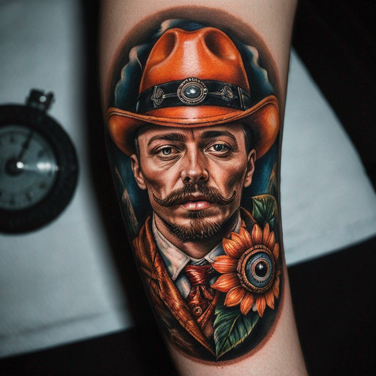 tatuaje-old-school-de-un-sombrero-con-el-ojo-de-la-naranja-mecanica-tattoo