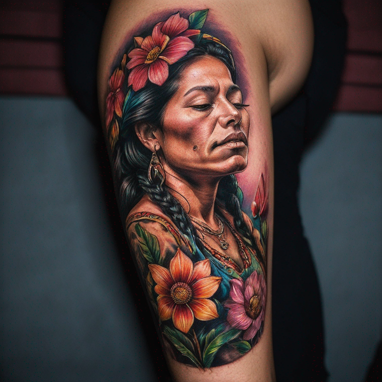 mujer-andina-en-3/4-sosteniendo-un-antifaz-boliviano-con-flores-neotradicional-,-a-colores-tattoo