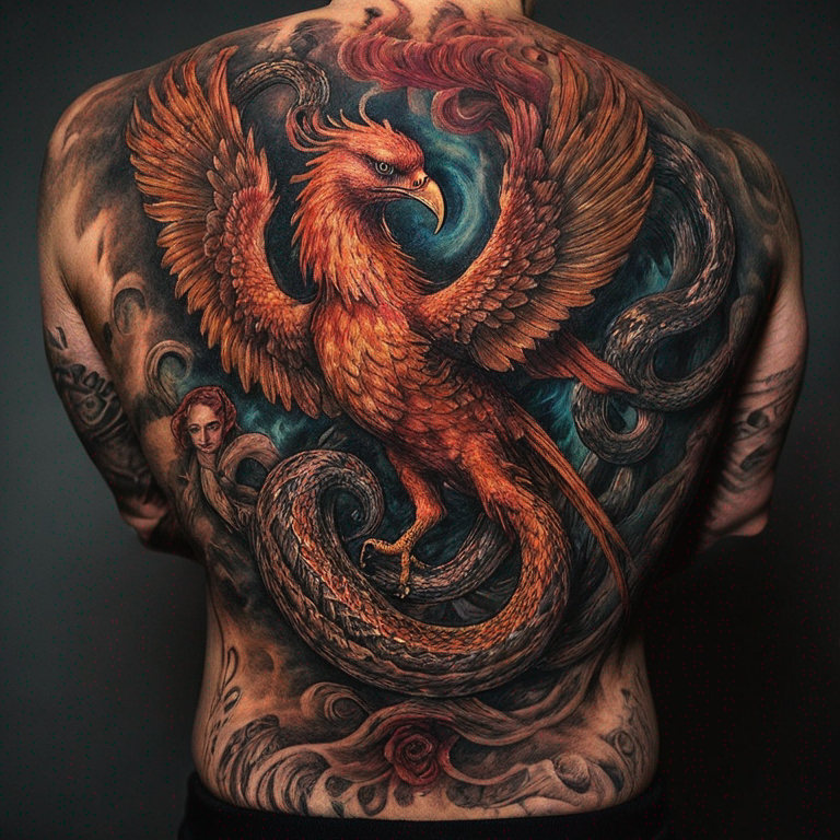 un-phoenix-qui-tient-2-serpents-dans-ses-pattes-pour-pectoraux-tattoo