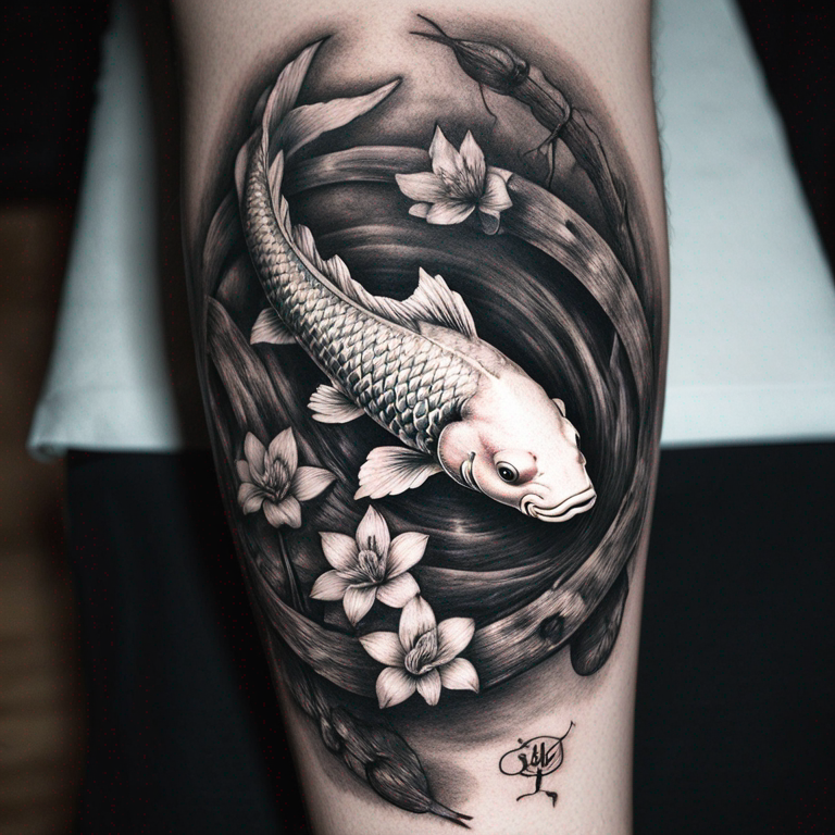 pez-koi-y-barril-de-amontillado-blanco-y-negro-tattoo