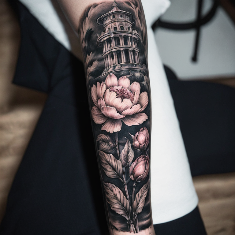 tatouage-le-long-de-la-colonne-vétébrale-fin-avec-un-papillo,n-au-milleieu-et-une-fleur-de-pivoine-intégrer-avec-des-feuille-mélangé-tattoo