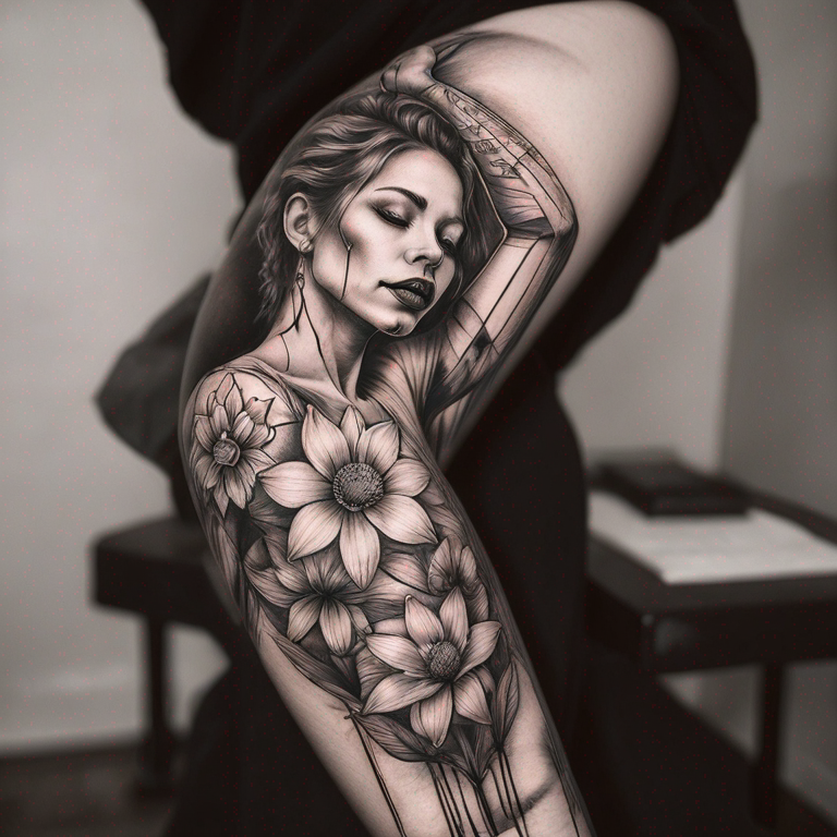 crea-un-diseño-de-tatuaje-lineal-y-simple-de-un-cuerpo-de-una-mujer-tumbado-por-el-que-sale-de-su-interior-un-cuerpo-nuevo-y-con-florecillas-tattoo