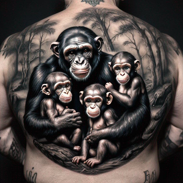 Maman chimpanzés et ses deux bébes-tattoo