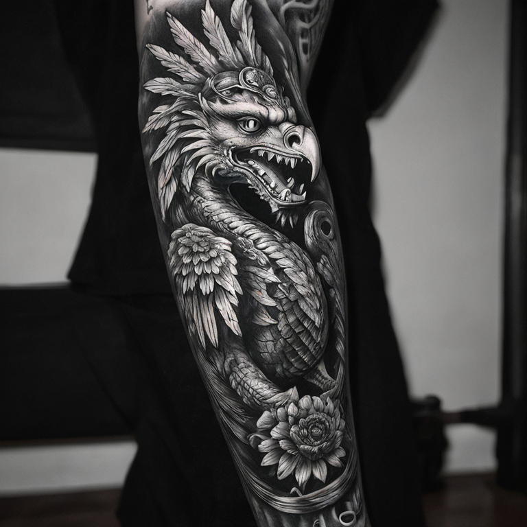 tattoo-blanco-y-negro-quetzalcoatl-psicodelico-tattoo