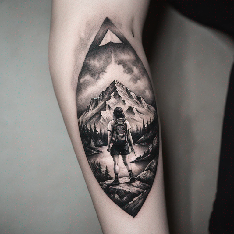 a-small-minimalist-tattoo-for-hand-in-which-a-girl-with-backpack-observing-a-mountain-tattoo