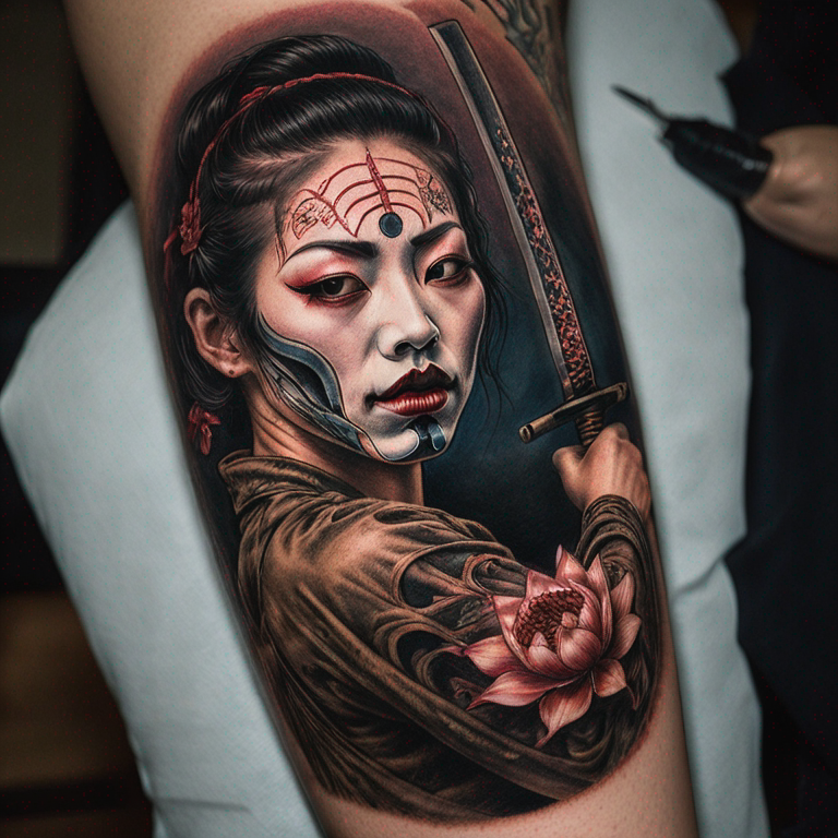 rostro-de-mujer-oriental-usando-una-máscara-hannya-rota-o-en-secciones,-en-composición-con-una-katana-tattoo