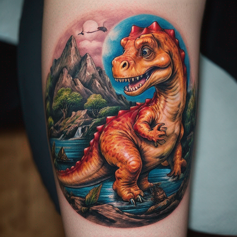 un-petit-dinosaure-avec-un-kigouroumi-de-winie-l'ourson-tattoo