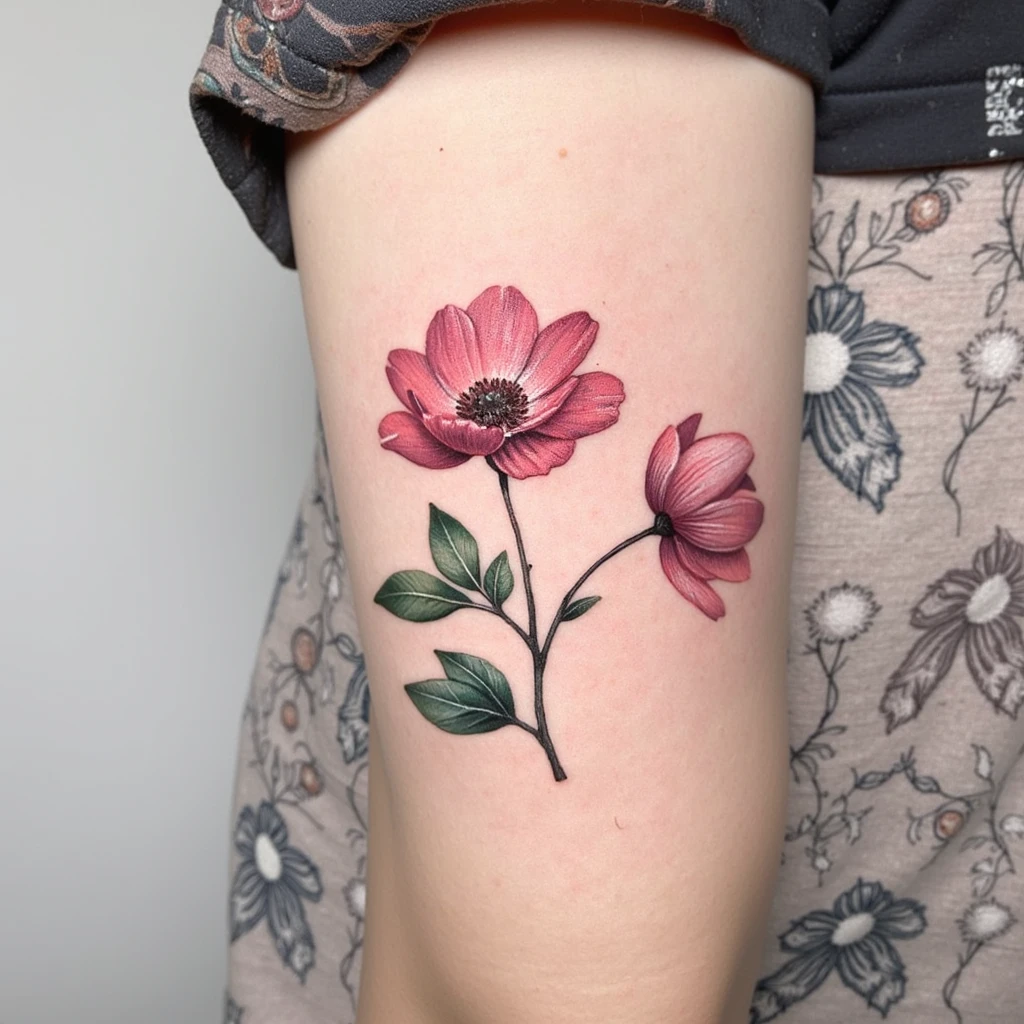 Grosse pivoine au trait fin avec léger feuillage et quelques perles ornementaled-tattoo