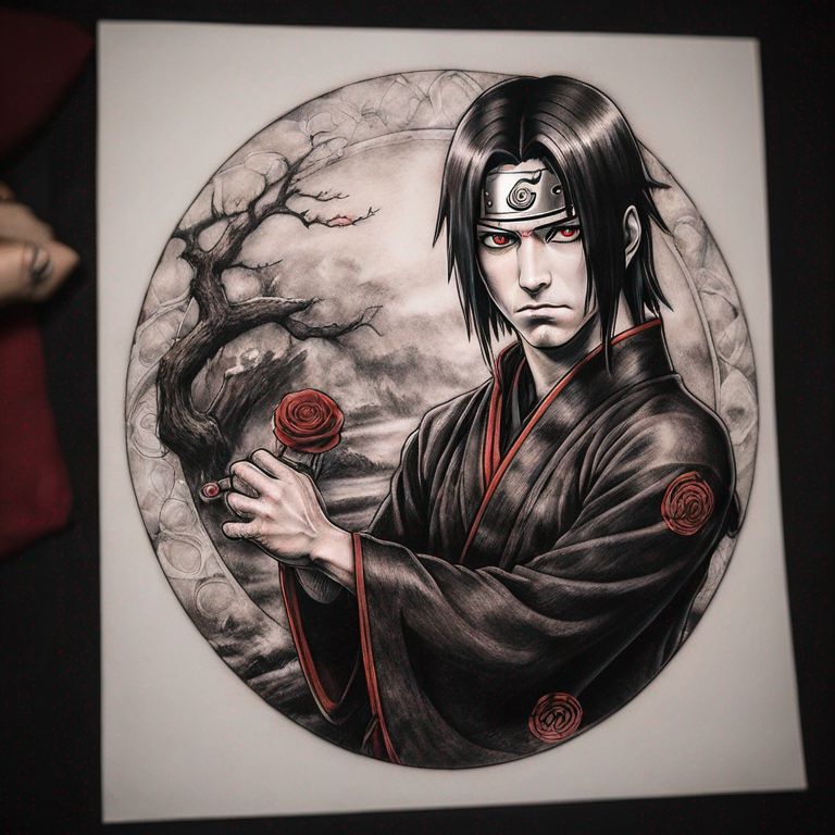 Itachi uchiwa touchant le front de sasuke-tattoo