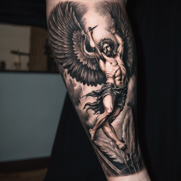 tatouage-sur-le-bras,-icarus-qui-tombe-avec-des-plumes-au-dessus-de-lui-tattoo