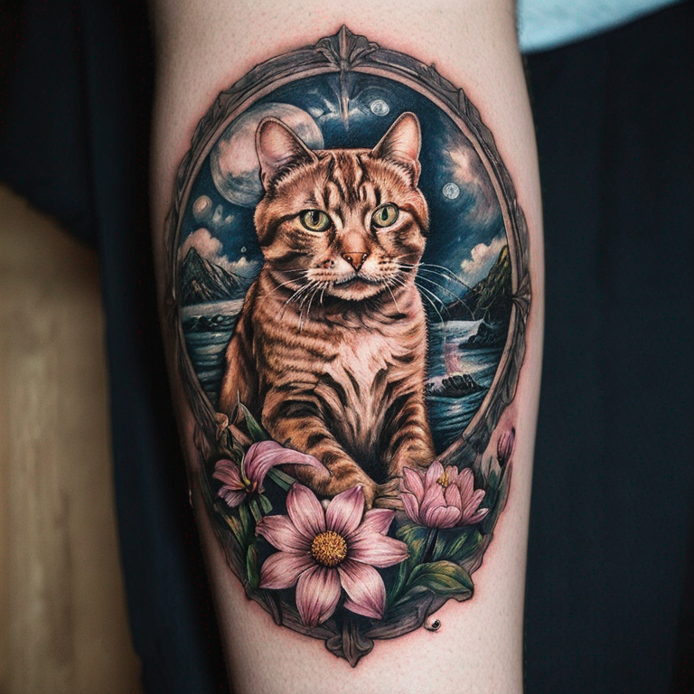 horloge-vague-chat-fleur-tattoo