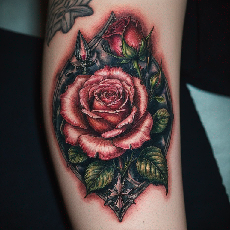 une-dague-qui-transperce-une-rose,-avec-un-pommeau-fleur-de-lys-et-d'autre-détaile-tattoo