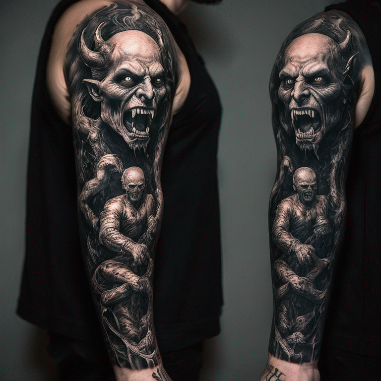 blackout-sleeve-with-a-demon-in-white-tattoo
