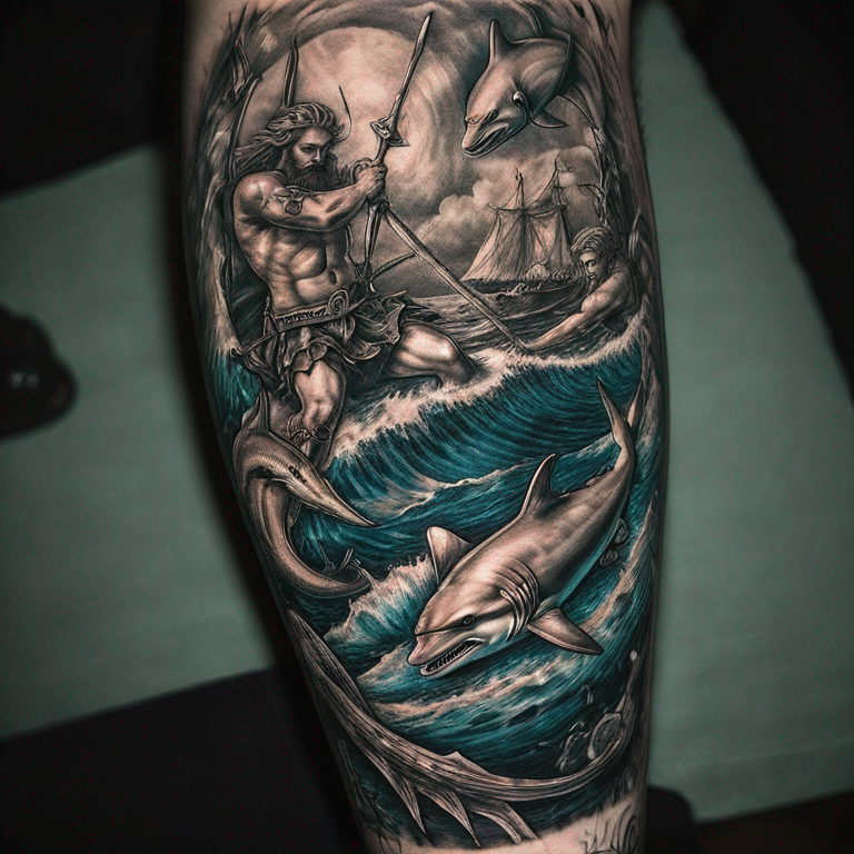 tridente-de-poseidon-con-delfines-y-tiburones-rodeandolo-tattoo