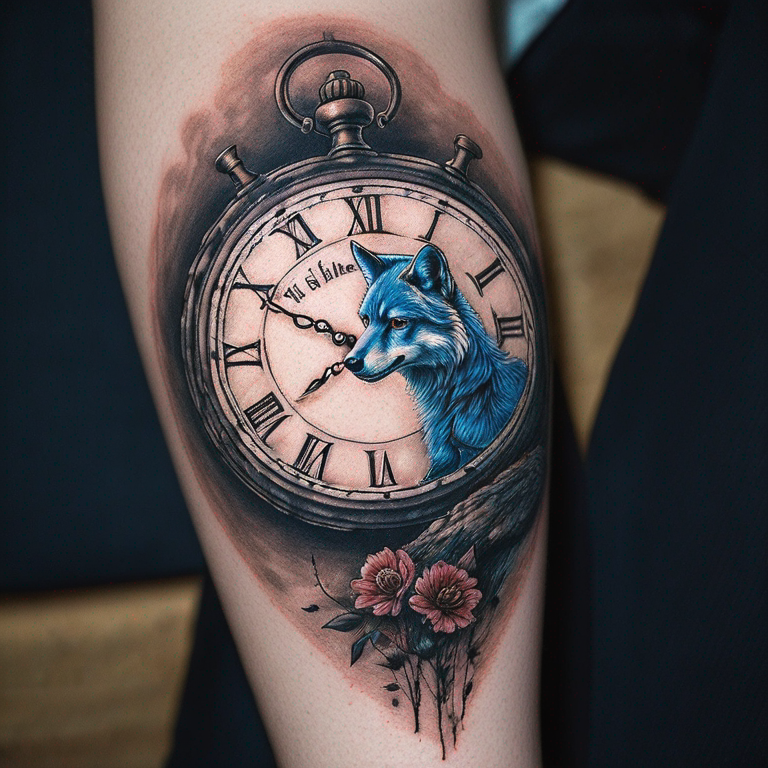 un-oeil-bleu-de-loup-de-profil-dans-une-horloge-en-chiffre-romain-avec-la-phrase-"the-quiet-ones-are-often-the-ones-with-surprises"-tattoo