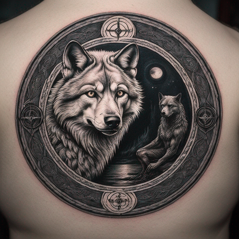 un-loup-noir-stylisé-en-entrelacs-celtiques-faisant-face-à-un-loup-blanc,-dans-un-cercle,-et-autour-de-ce-cercle,-écrit-"memento-mori"-en-police-chomsky-tattoo