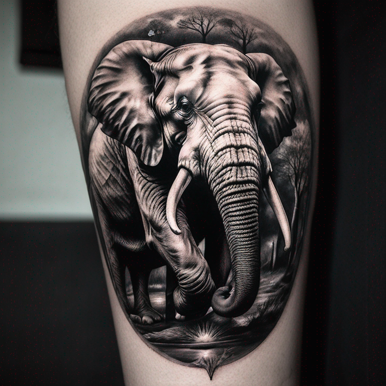 el-centro-del-tatuaje-es-un-elefante-con-estilo-nordico.-en-blanco-y-negro-tattoo