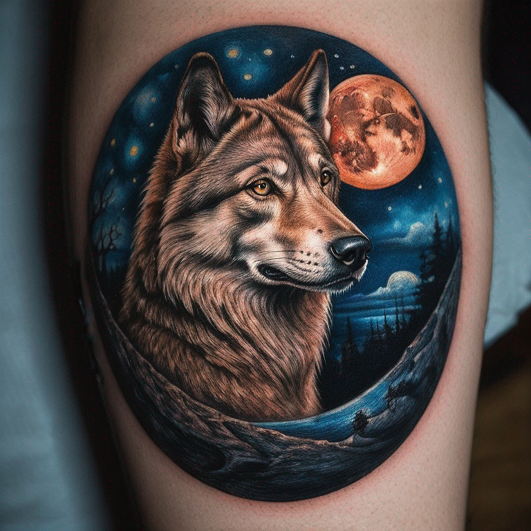 rostro-de-lobo-solitario-con-la-luna-llena-a-color-tattoo