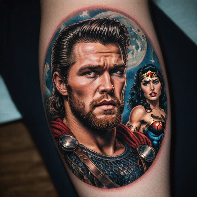 i-want-the-3-characters-on-the-same-image-thor-the-superhero-and-wonder-women,-the-singer-elvis-presley.-tattoo