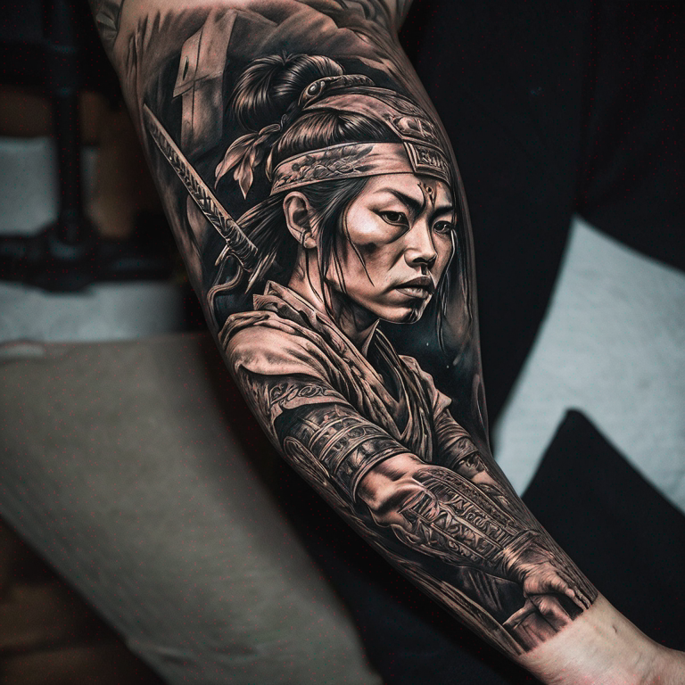 quiero-una-combinacion-de-neoclasico,-tribal-y-grafiti,-en-un-tatto-de-brazo-completo,-que-represente-a-una-samurai-mujer-tattoo
