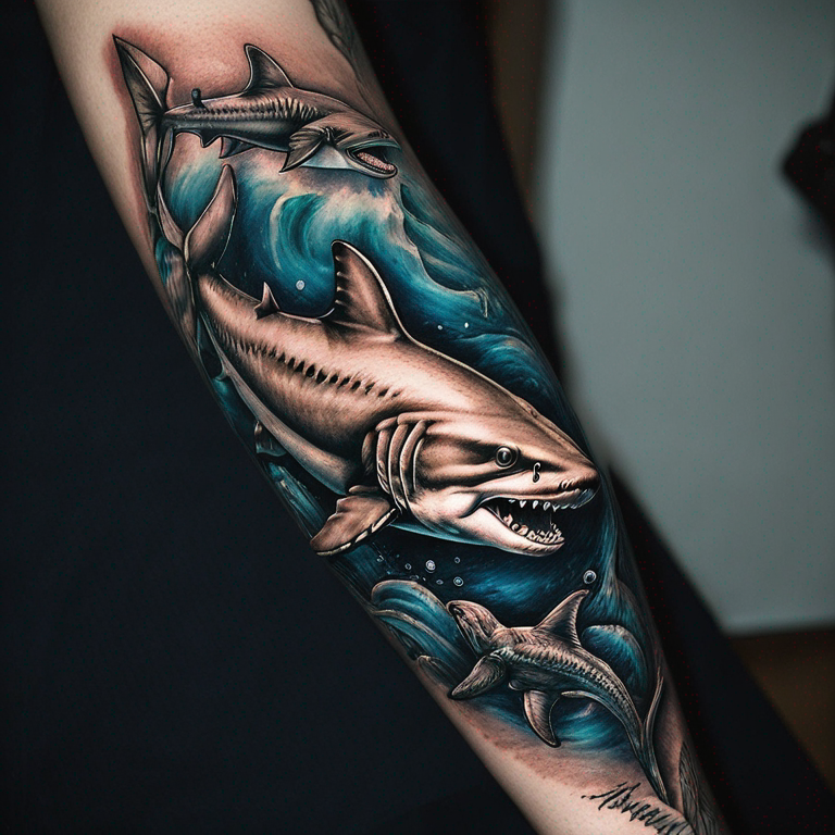 tatuaje-de-un-tiburón-al-estilo-de-micro-realismo,-además-tiene-que-relacionar-el-océano-con-el-espacio-tattoo