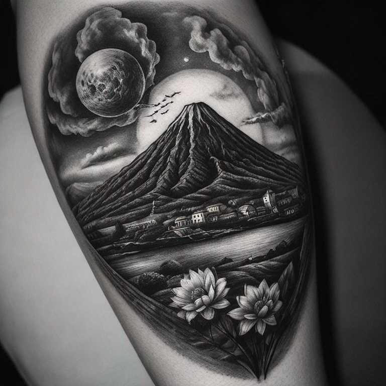 Aereo stilizzato con Vesuvio sullo sfondo in bianco e nero semplice-tattoo