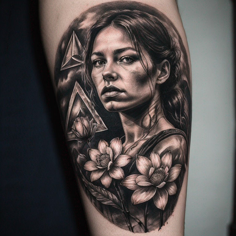 une-guerrière-avec-des-fleurs-en-triangle-tattoo