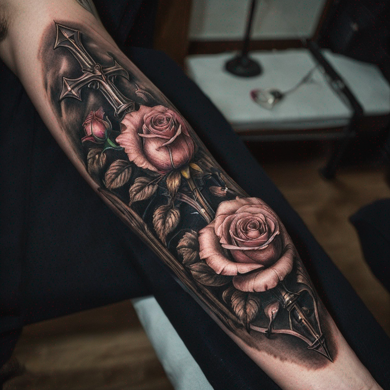 un-couteau-qui-coupe-une-rose-en-deux,-avec-un-pommeau-fleur-de-lys-et-d'autre-détaile-tattoo