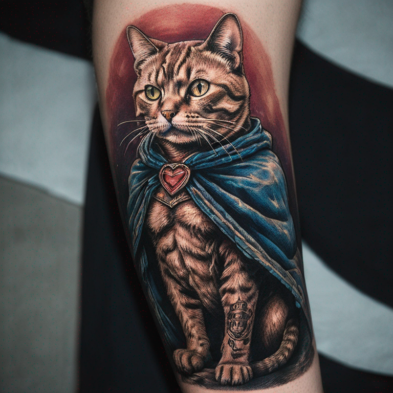 un-chat-rigolo-super-héros-avec-une-cape-tattoo