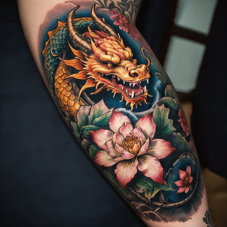 flores-japonesas-a-color-con-complementos-de-dragones-delgados-para-los-brazos-tattoo