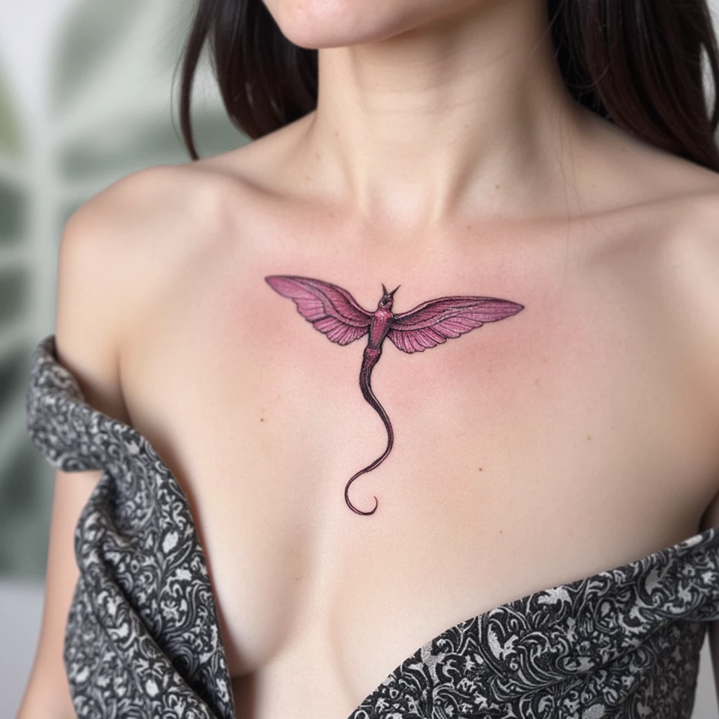 Tatuaje de un fenix para el medio de los pechos de mujer pequeño y elegante-tattoo