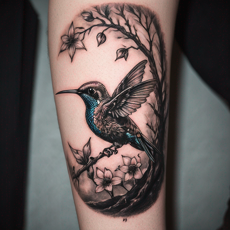 colibri-silhouette-d'homme-qui-à-les-pieds-reliés-aux-racines-d'un-arbre-feuillus-tattoo