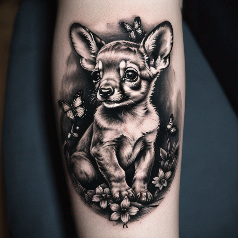 bambi-bébé-avec-papillon-noir-et-blanc-tattoo
